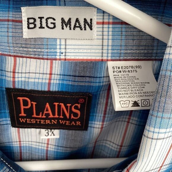NWT Men's Big and Tall Plains Western Pearl Snap Plaid 3XL Blue/white/red - Picture 3 of 6